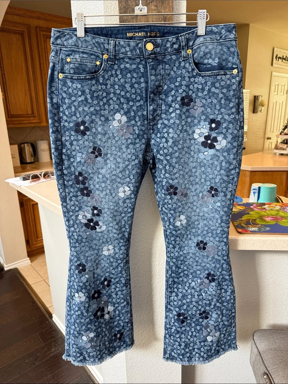 Michael Kors Blue Floral Print Wide-Leg Flare Capri Jeans